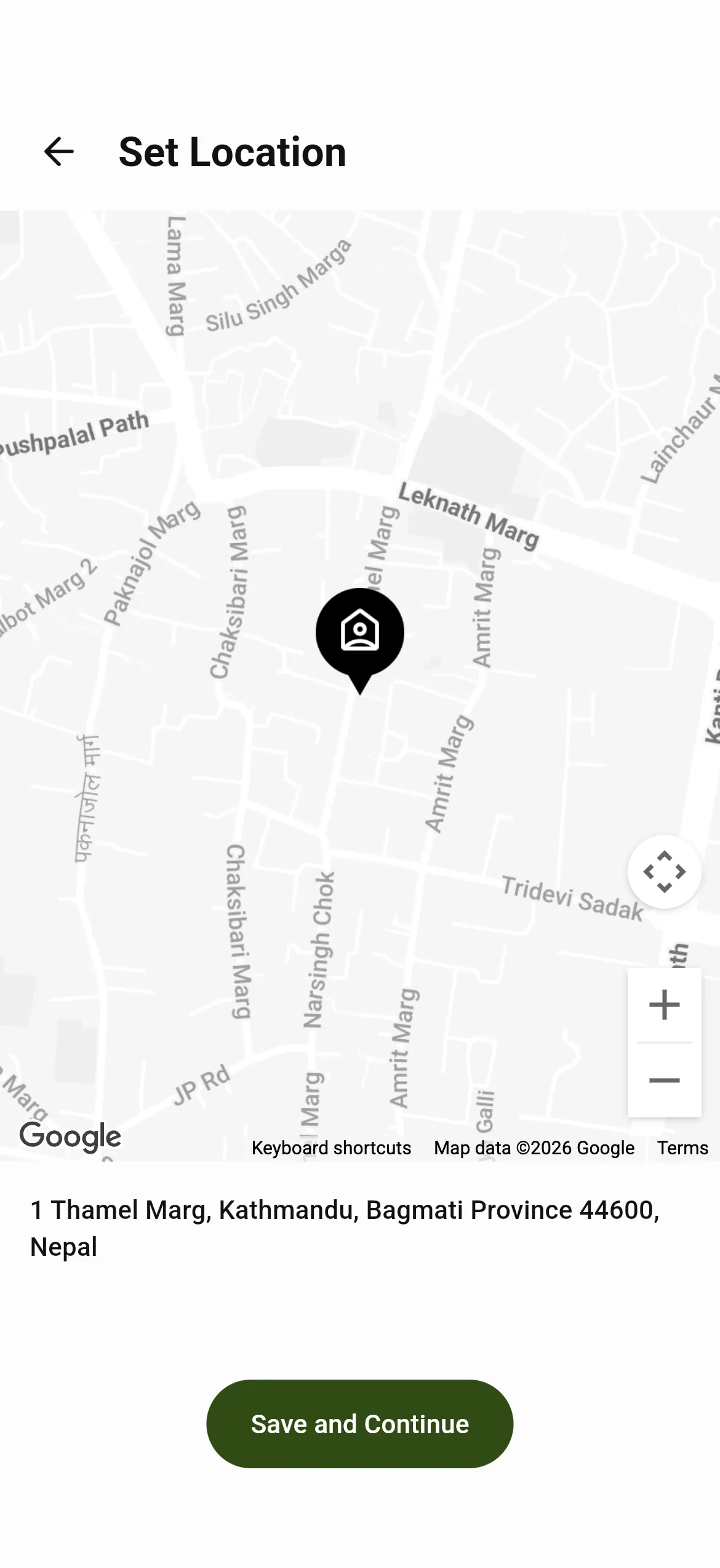Setting the delivery location on a map of Thamel, Kathmandu