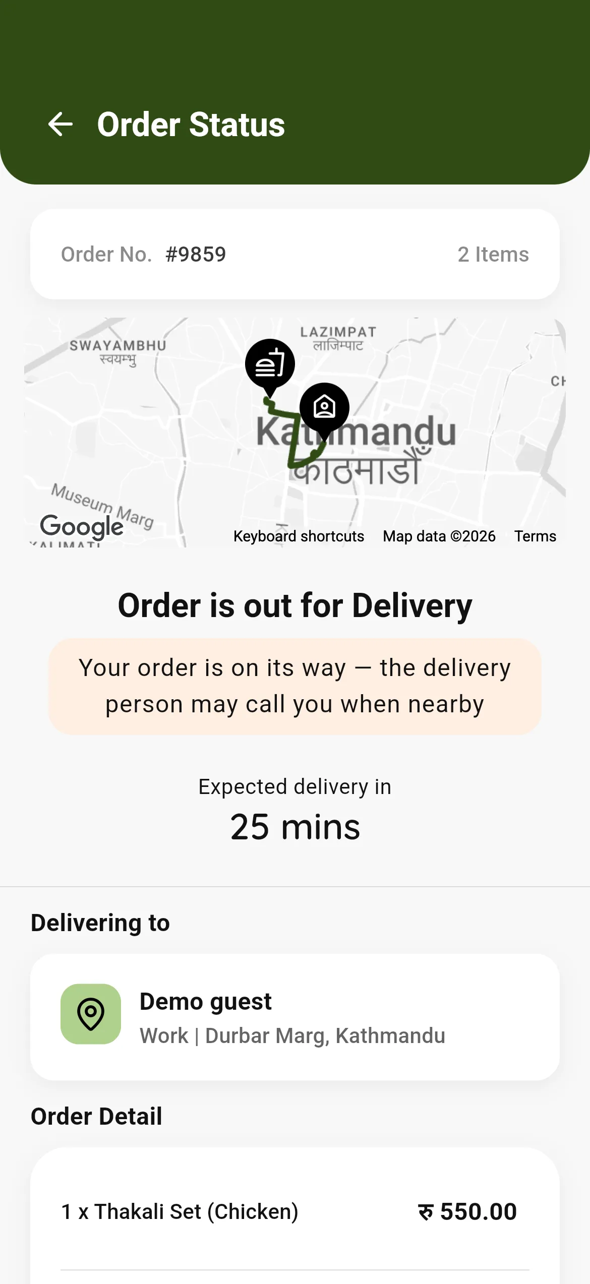Order status page showing the order out for delivery, its route on a map and a 25-minute arrival estimate